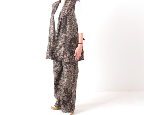 大島紬のジレとワイドパンツ セットアップ 茶 着物リメイク