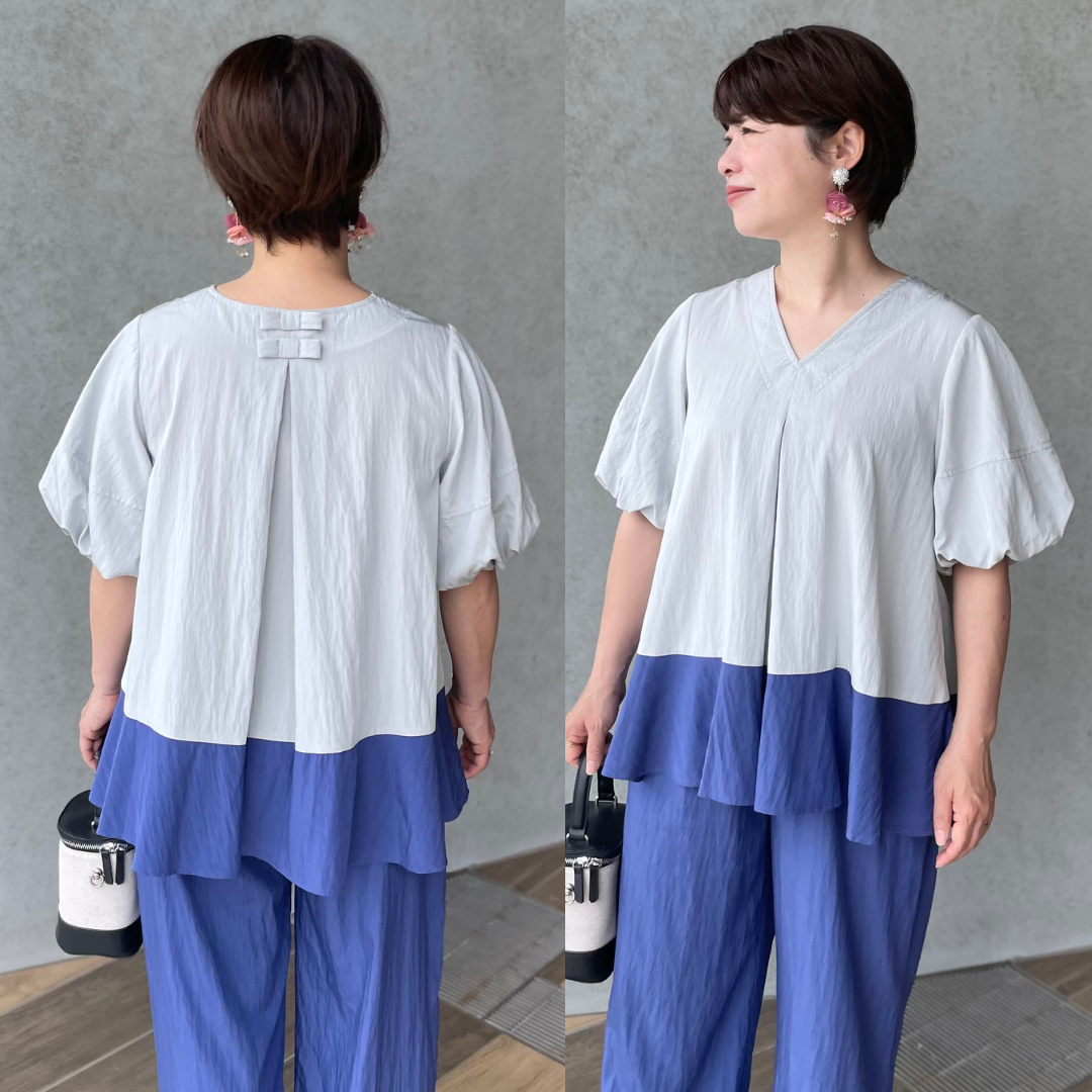 小柄S■冷んやり『冷感生地』きれいめ可愛い♡ゆったり着やせバイカラートップス グレー■KMC-763 790863