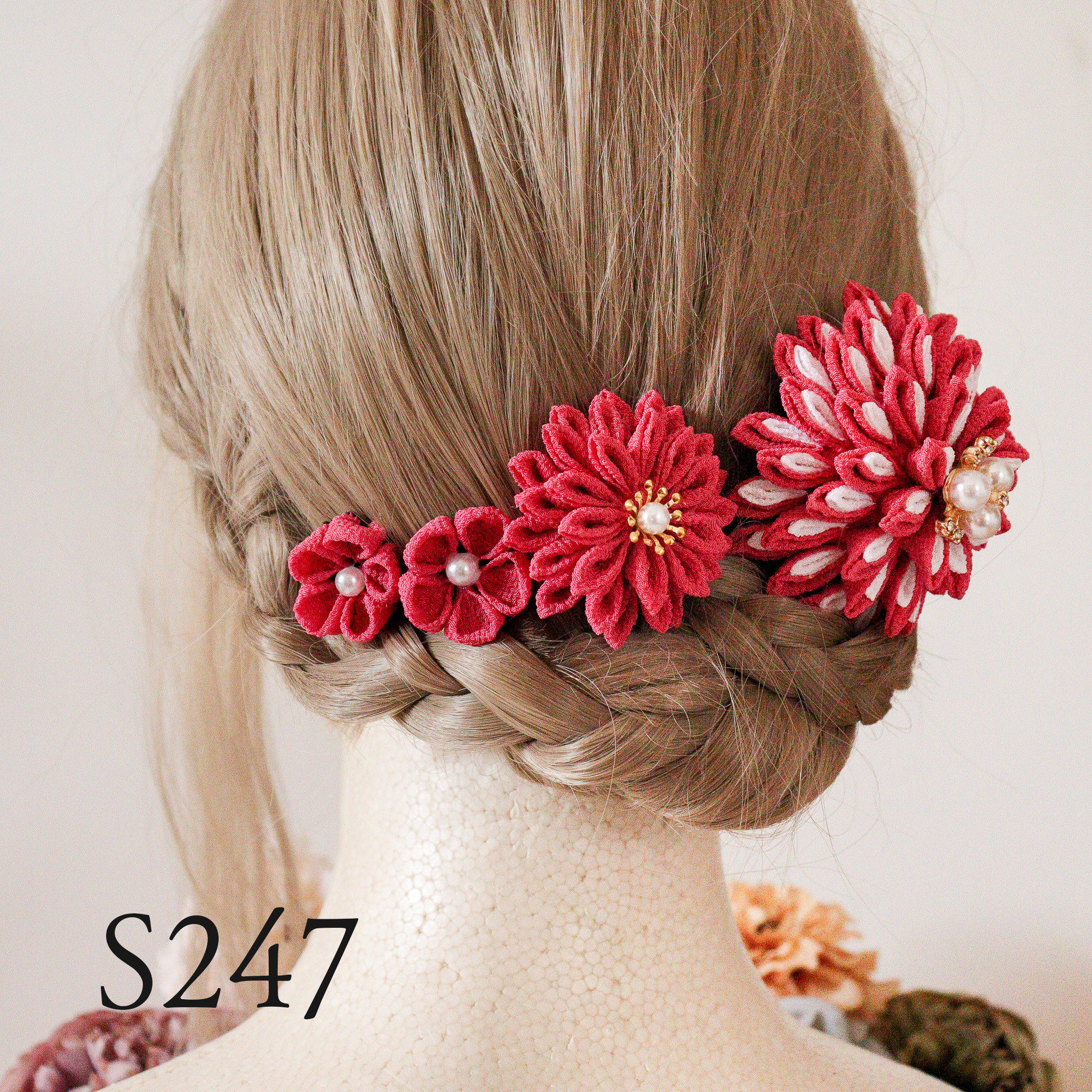 つまみ細工髪飾り　４本セット　濃いピンク　着物の髪飾り　和装髪飾り　お祭りなど浴衣にも　S247