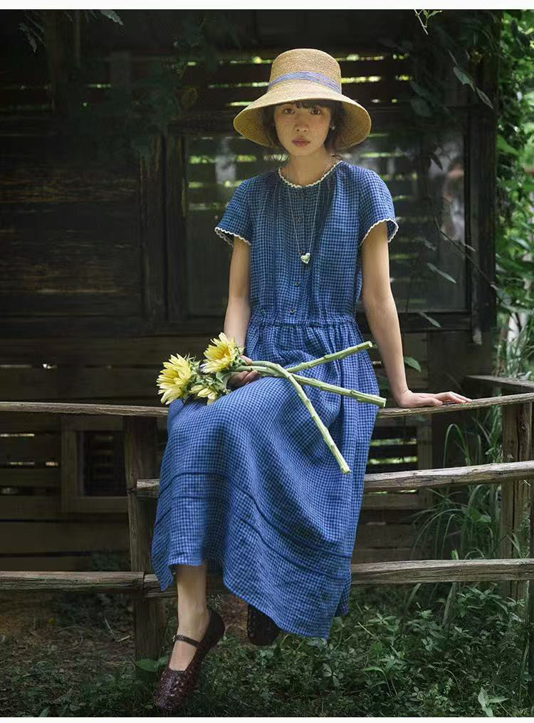 チェック柄ワンピース　半袖ワンピース　レース切替ワンピース　リネン100％