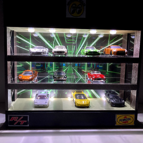 1/64展示21台可・サイバーパンク風・3層式ディスプレーBOX・LED照明10