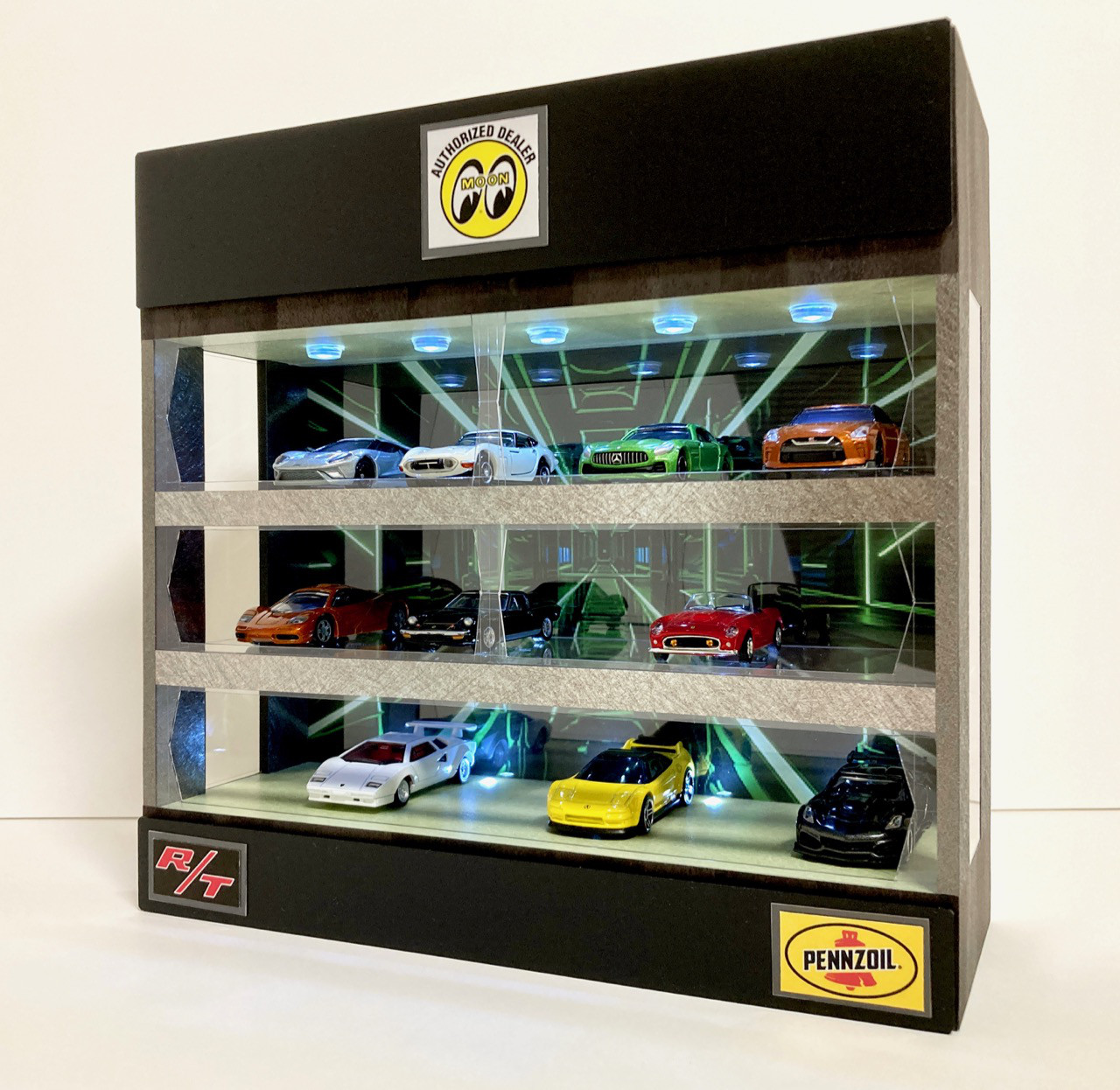 1/64展示21台可・サイバーパンク風・3層式ディスプレーBOX・LED照明10