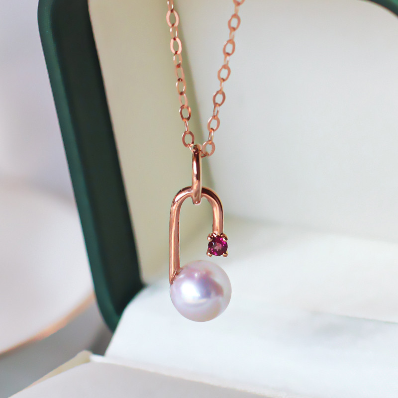 【La Corser】日本製 7-8.5mm アコヤ真珠 ペンダントネックレス 18Kゴールド 象嵌 鎖骨チェーン 彼女へのギフ