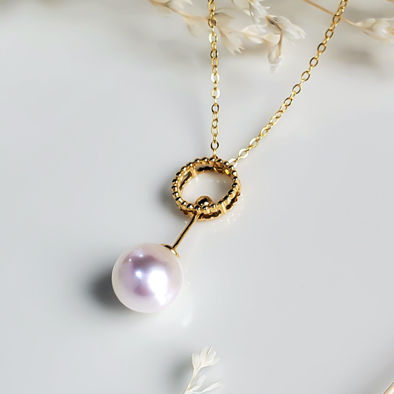 【ラコルセア】8.5-9.5mm アコヤ天然海水真珠ペンダント 18Kゴールド ラウンドパール 強い光 鎖骨チェーン シンプルペ