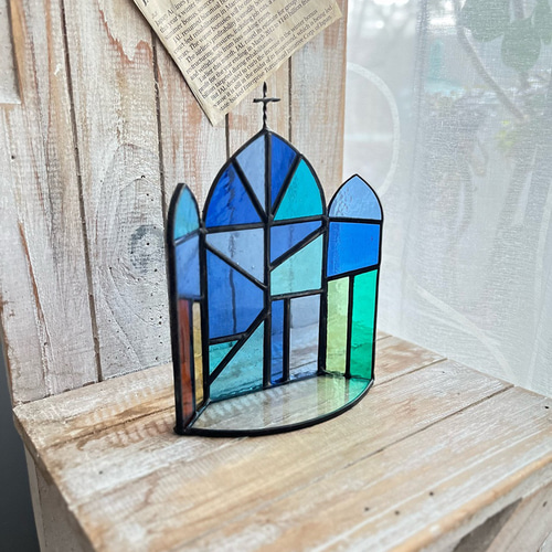 教会モチーフのステンドグラストレイ(ブルー) その他インテリア雑貨