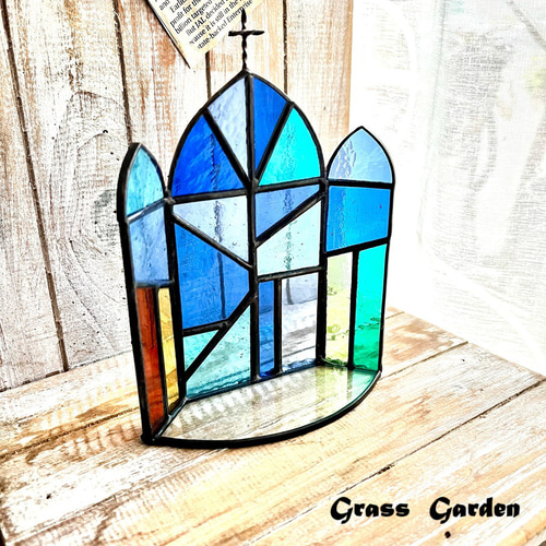 レア　ヴィンテージ　ステンドトレイ 教会モチーフのステンドグラストレイ(ブルー) その他インテリア雑貨