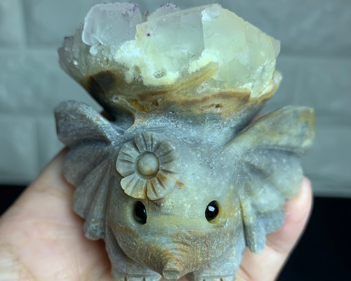 天然石アメジスト共生瑪瑙の象さん　置物　彫り物F.170 天然石アメジスト共生瑪瑙の象さん 置物 彫り物F.170