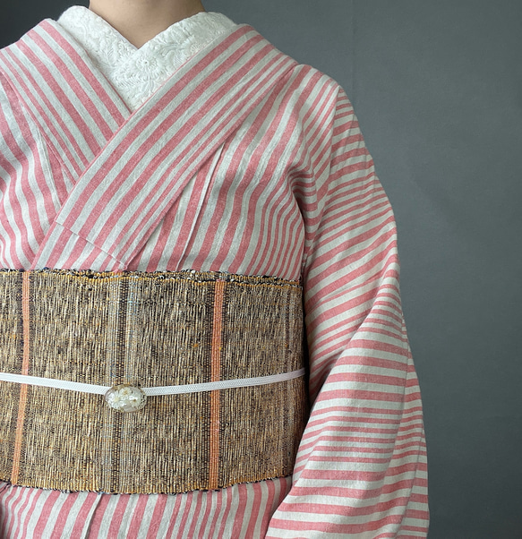 ピンク×生成りグレーストライプ綿麻浴衣 浴衣 花鹿 kajika 通販