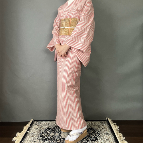 ピンク×生成りグレーストライプ綿麻浴衣 浴衣 花鹿 kajika 通販