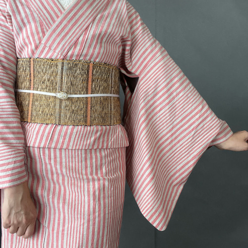 ピンク×生成りグレーストライプ綿麻浴衣 浴衣 花鹿 kajika 通販
