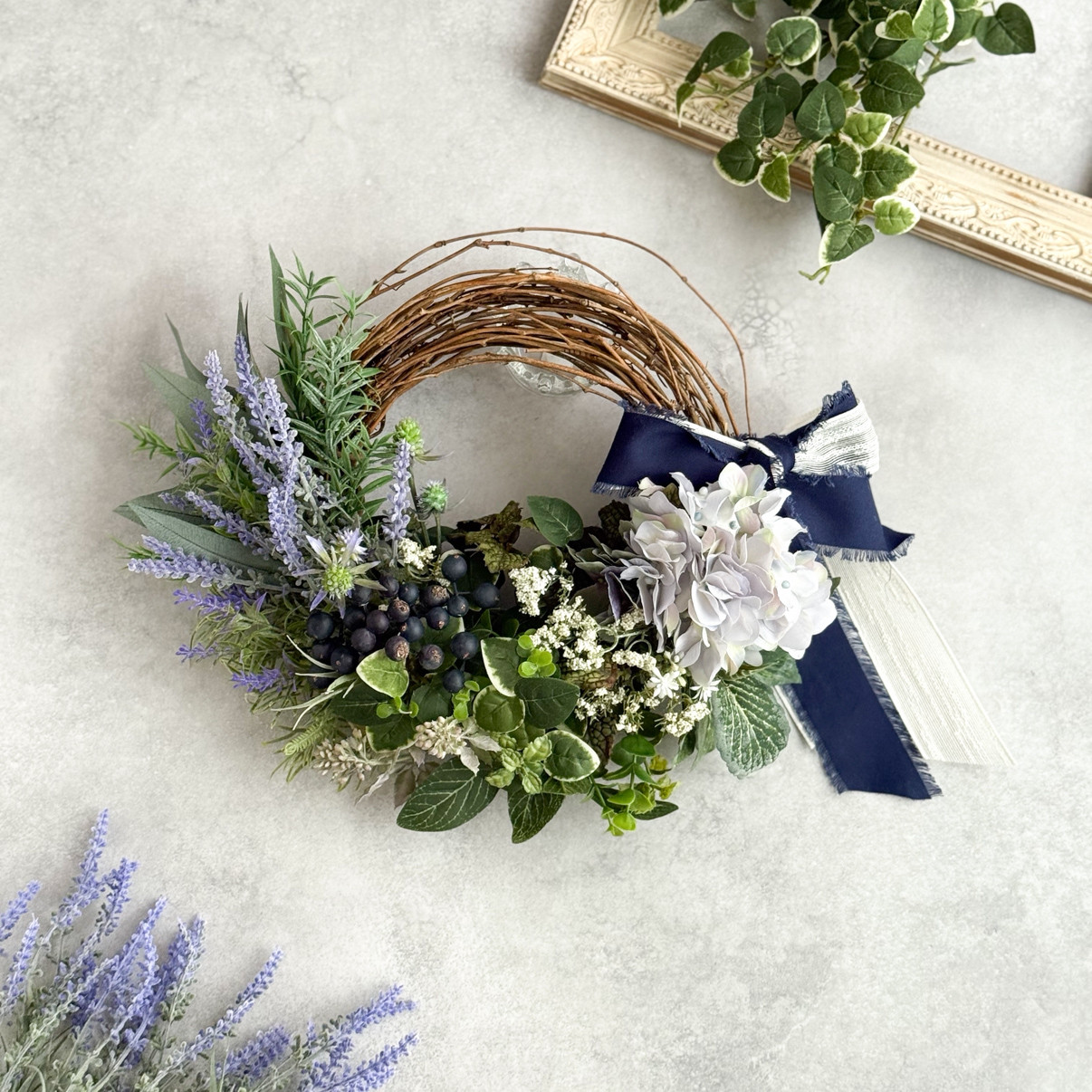 ラベンダーと紫陽花のハーフリース/ナチュラル/爽やか/ベリー/グリーン/造花/ギフト