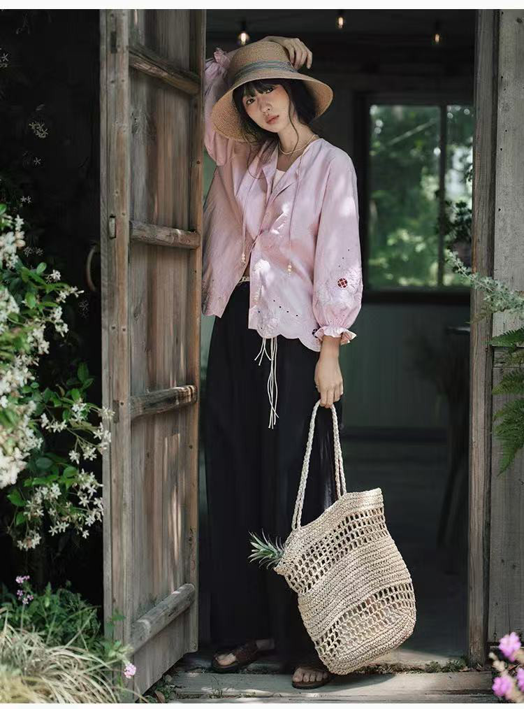 ワイドパンツ　ハイウエスト　ロングパンツ　コットンリネン 紺色