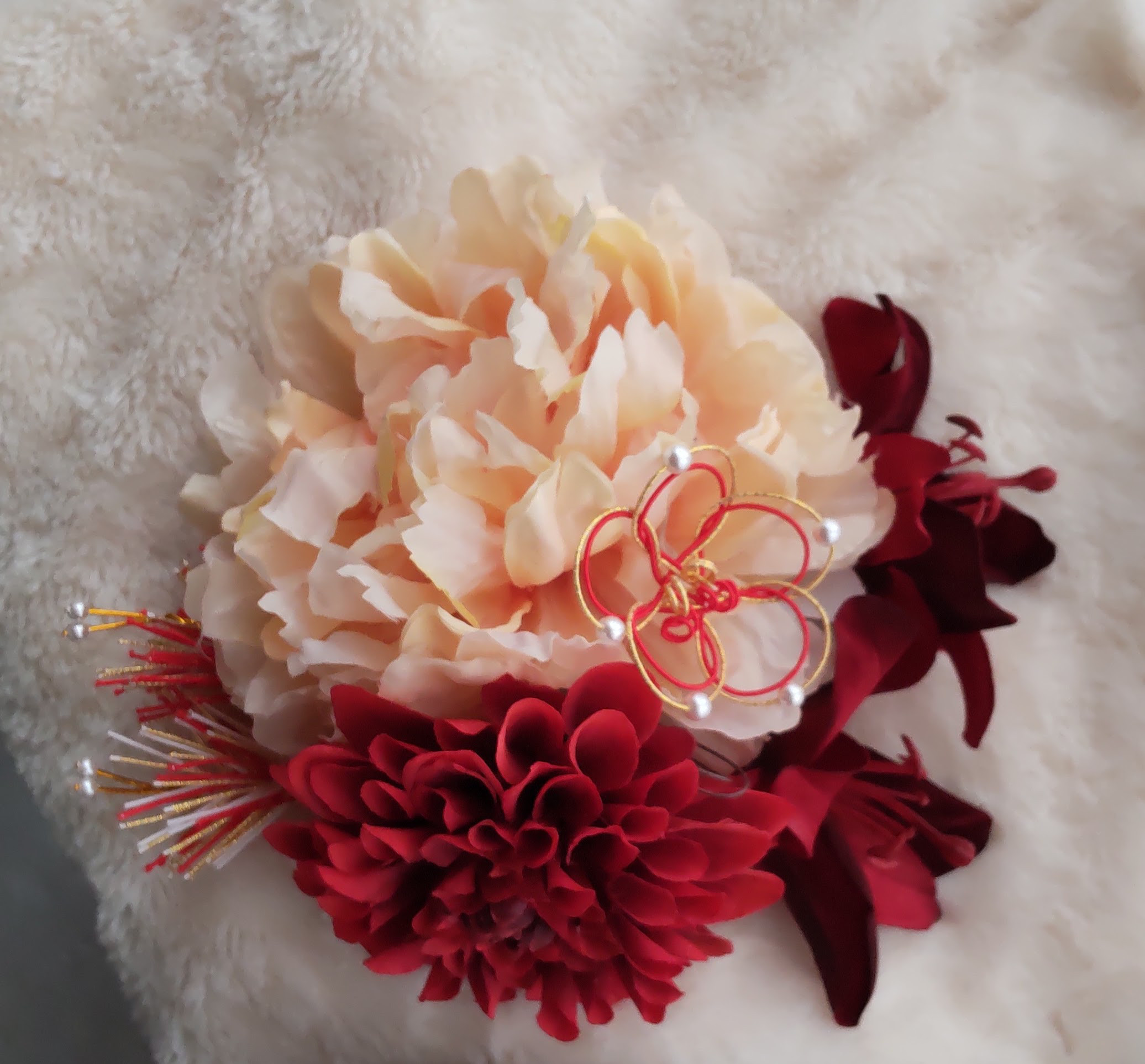 造花髪飾り　ピオニー　百合　ダリア　花の結び