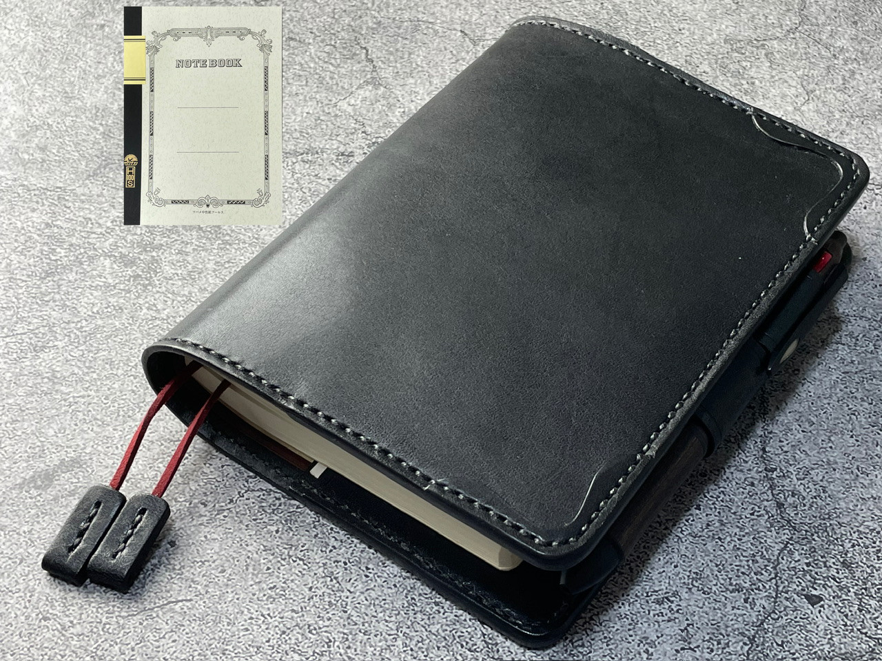 【手縫】ツバメノート A5ノート100枚用ブラック黒本革手帳カバー（角花飾）2本しおり付（バタフライストッパー）