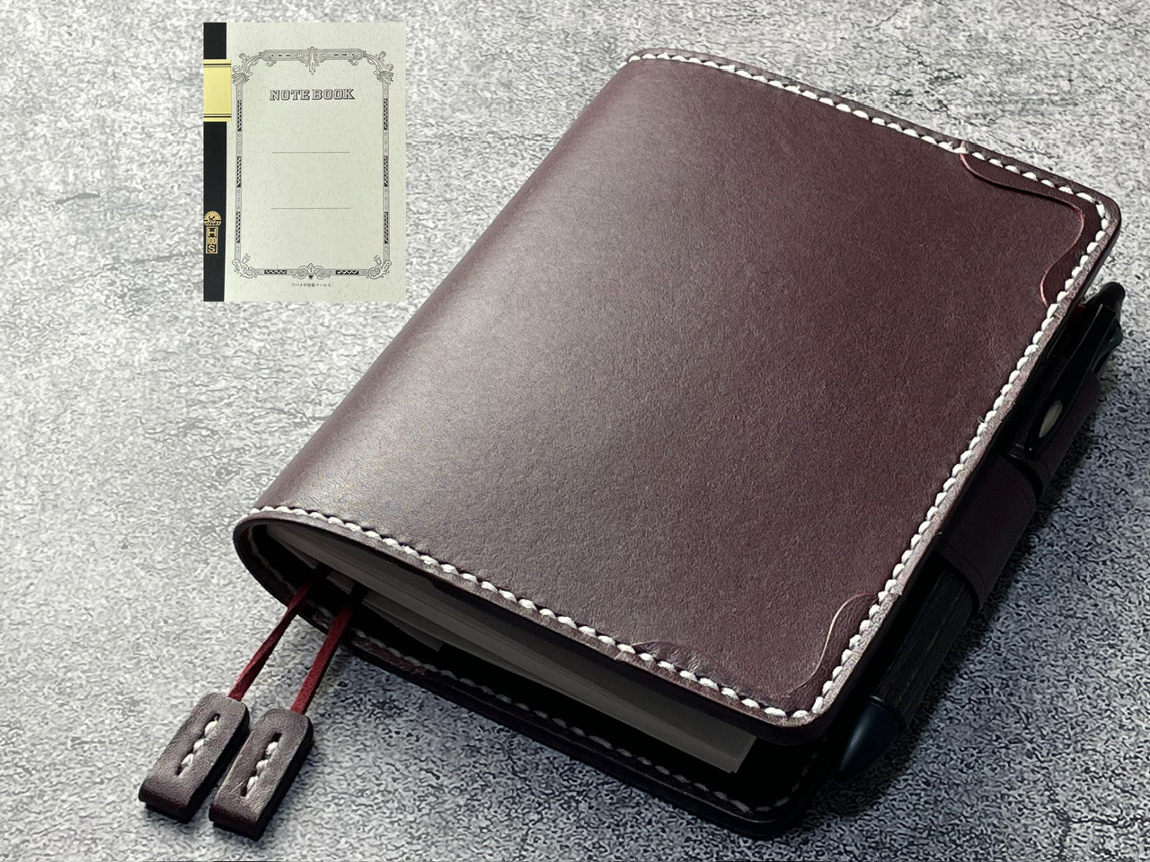 【手縫】ツバメノート A5ノート7mm×24行100枚用ワインレッド本革手帳カバー2本しおり付（バタフライストッパー）