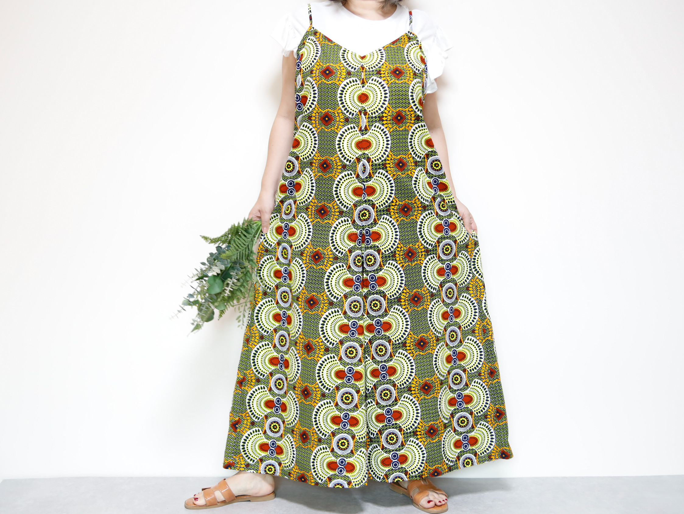アフリカンプリント サロペット ワンピース マキシ丈 キャンプやフェスにも！