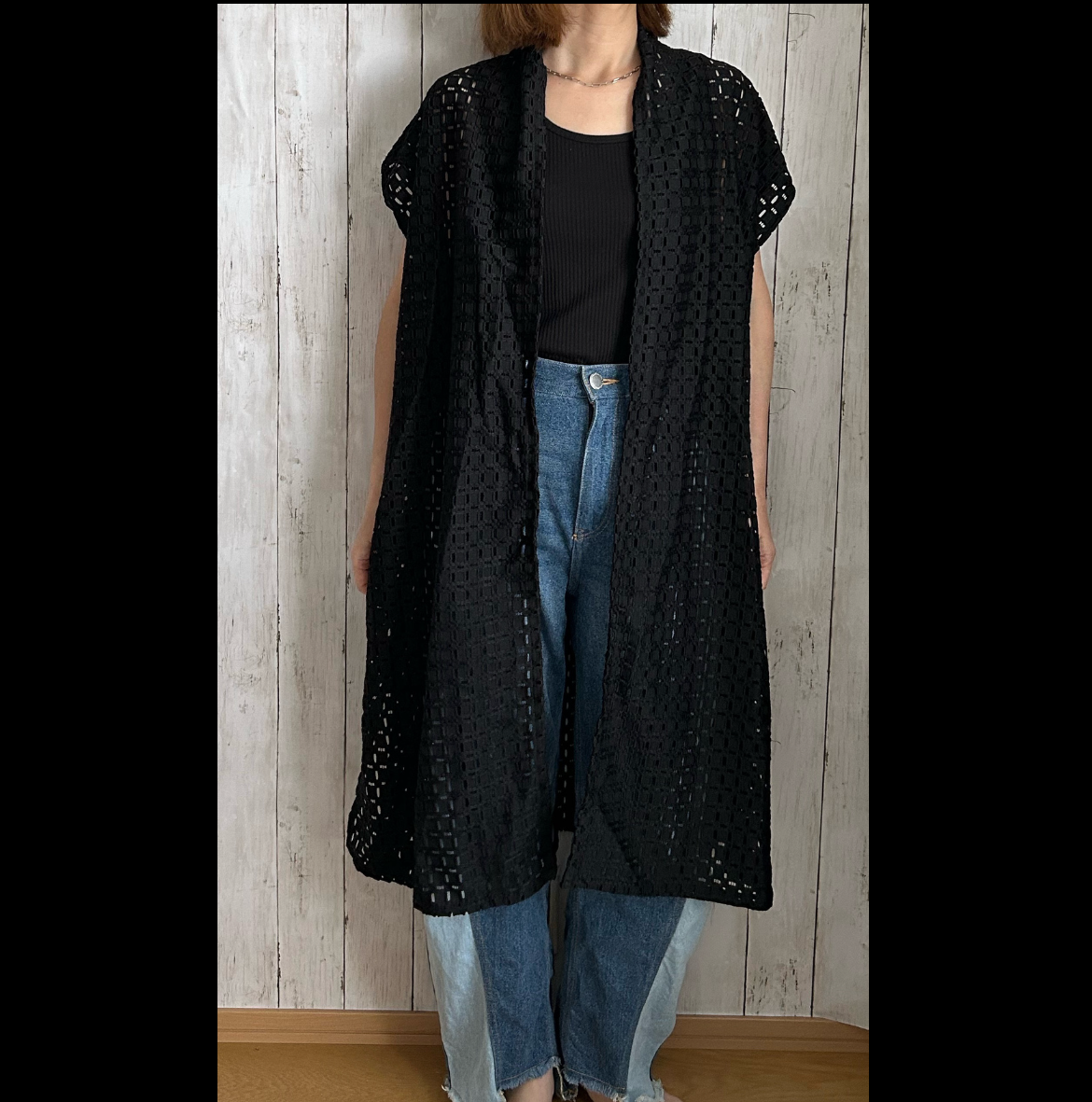 夏涼しいケミカルレースローブジレロングカーディガン