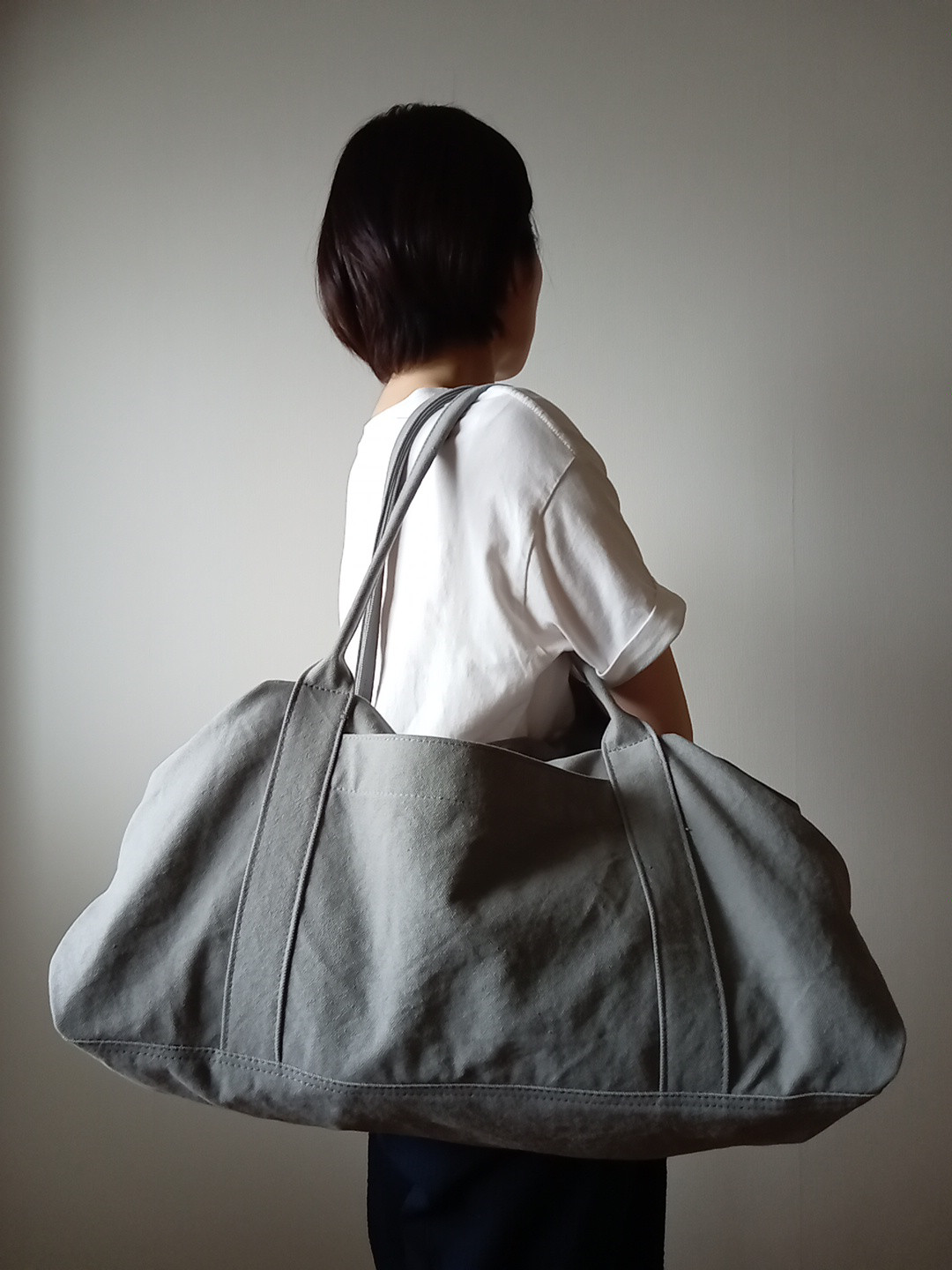 【訳あり】☆ヴィンテージ加工帆布☆のキャラメルボストンバッグ　【グレーＬL】