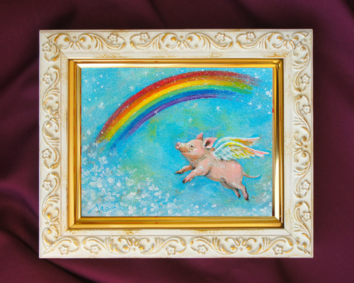 ◉一点物・再販不可】F0 ぶたの絵 ミニブタ 豚 虹 空 羽 天使