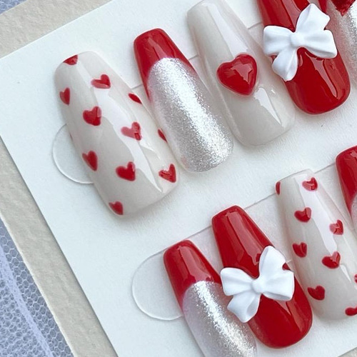 43】ネイルチップ ハンドメイド ロングバレリーナ ハートネイル ネイル