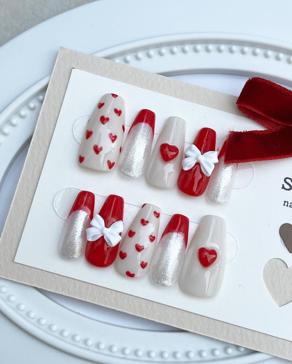 43】ネイルチップ ハンドメイド ロングバレリーナ ハートネイル ネイル