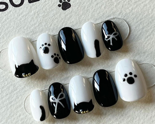 48】ネイルチップ ハンドメイド コフィン 猫ネイルチップ ネイルチップ