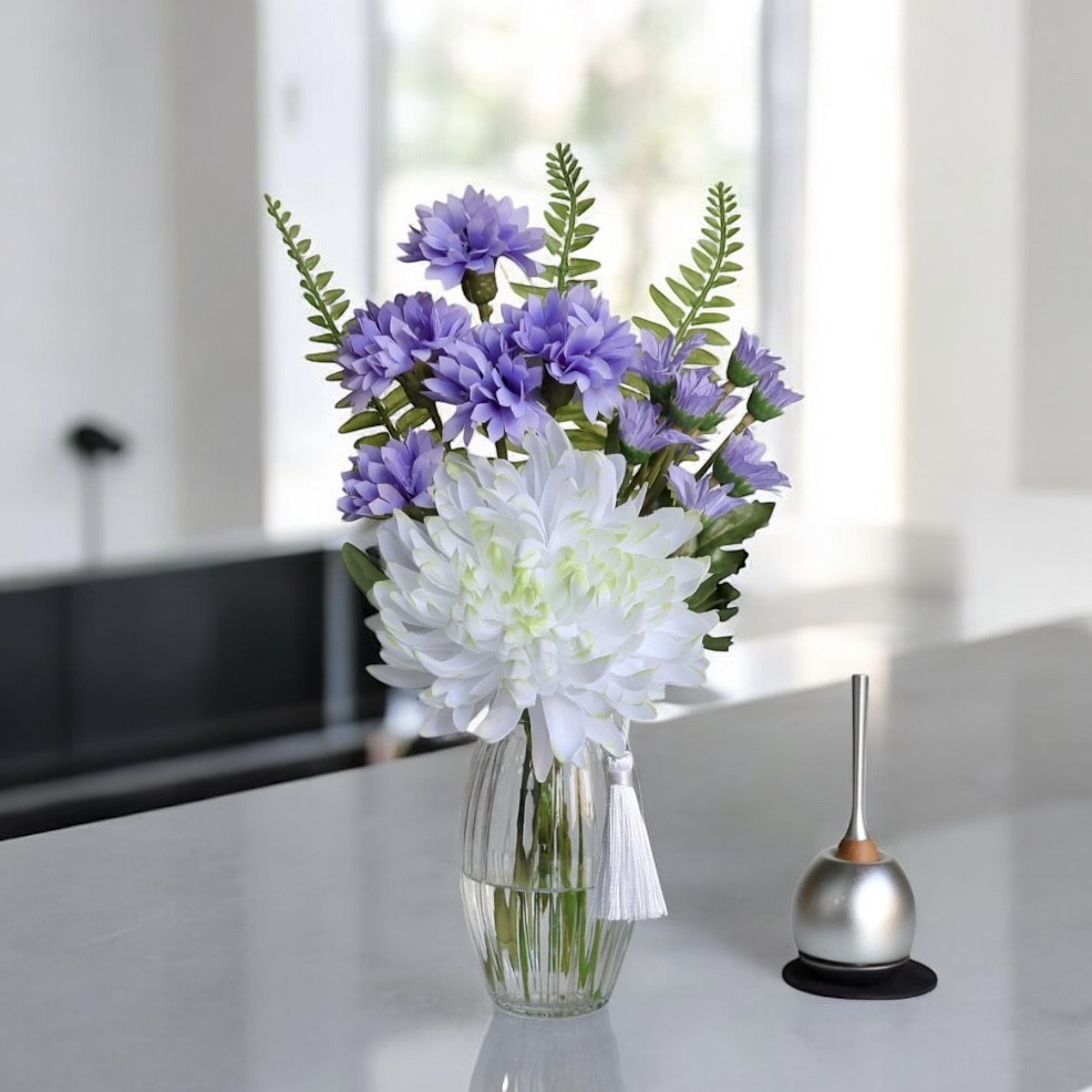 ♕* 人気の蓮がメイン♬ 紫▪ 青▪ 白 の上品な造花仏花アレンジメント ♧* ♕* 人気の蓮がメイン♬ 紫▫ 青▫ 白 の上品な