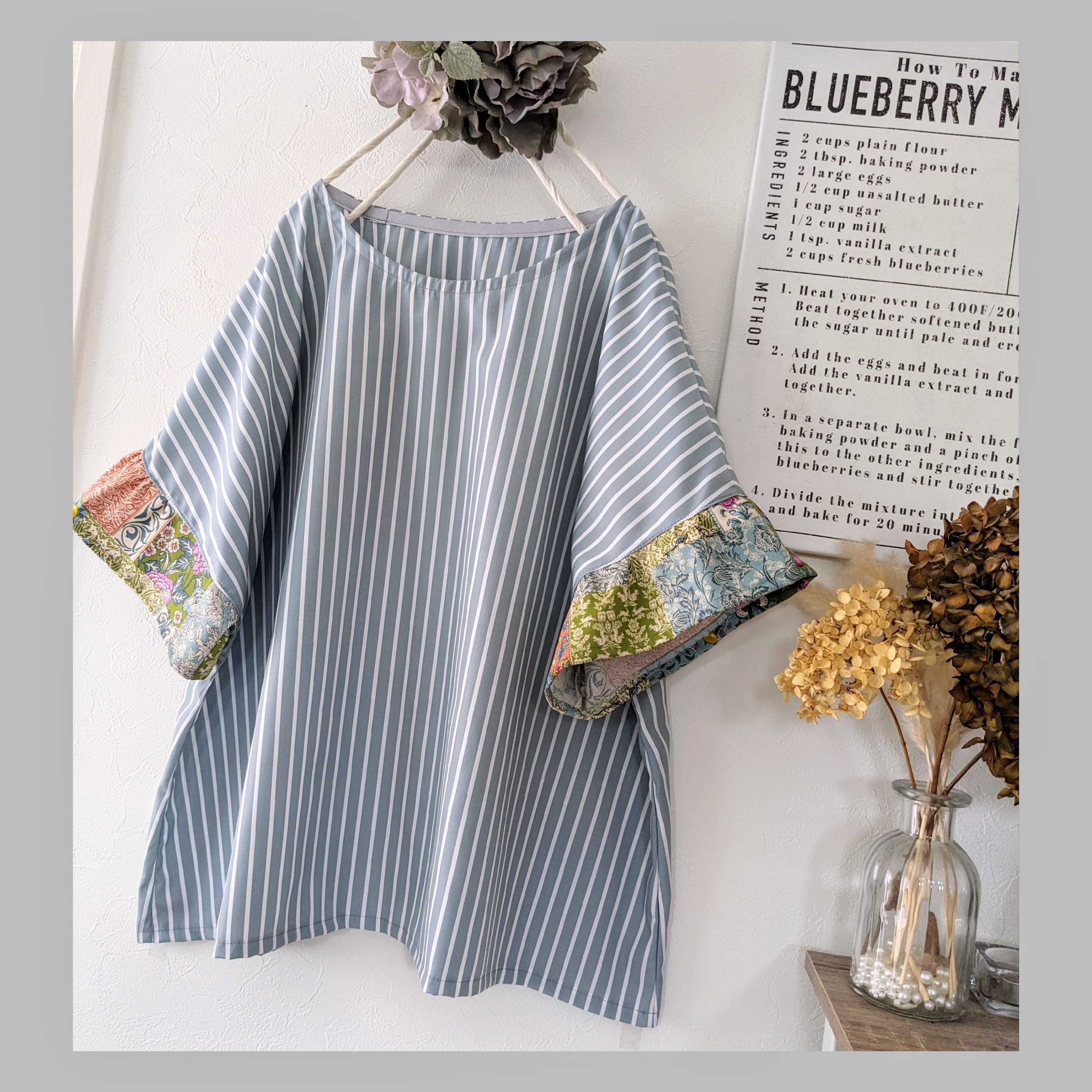 ♥ブルーグレーストライプのフリル袖ブラウス♥半袖