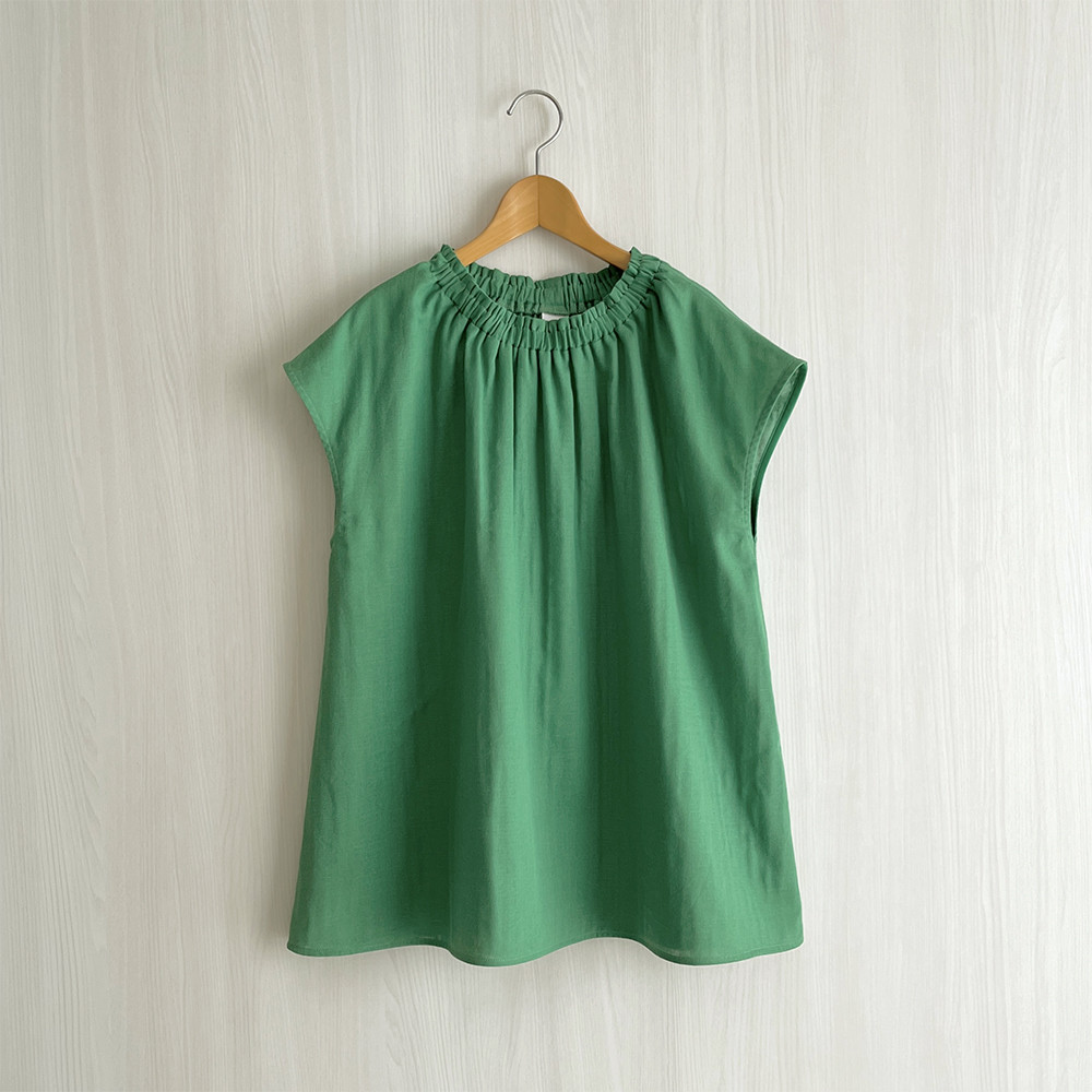 フレンチ袖クルーギャザープルオーバー_ダブルガーゼ綿100％_Green