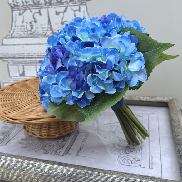 アジサイ アートフラワー 青緑 グラデーション グラデーションブルーのあじさいの花束..インテリアフラワー「夏の
