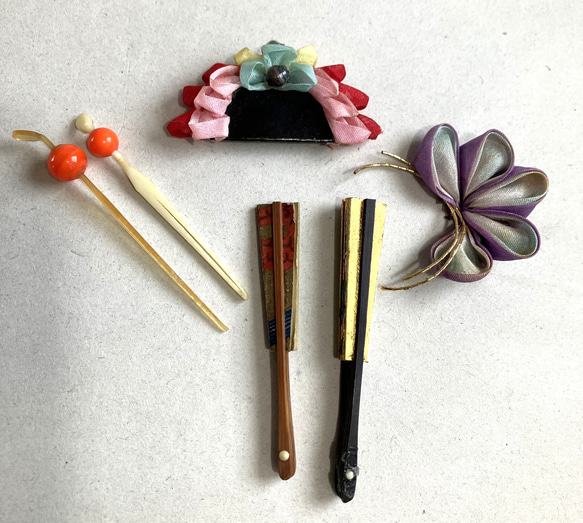 日本伝統品物 日本髪 ミニチュア髪飾り かんざし 扇6P 日本髪 和風ドールハウス 伝統