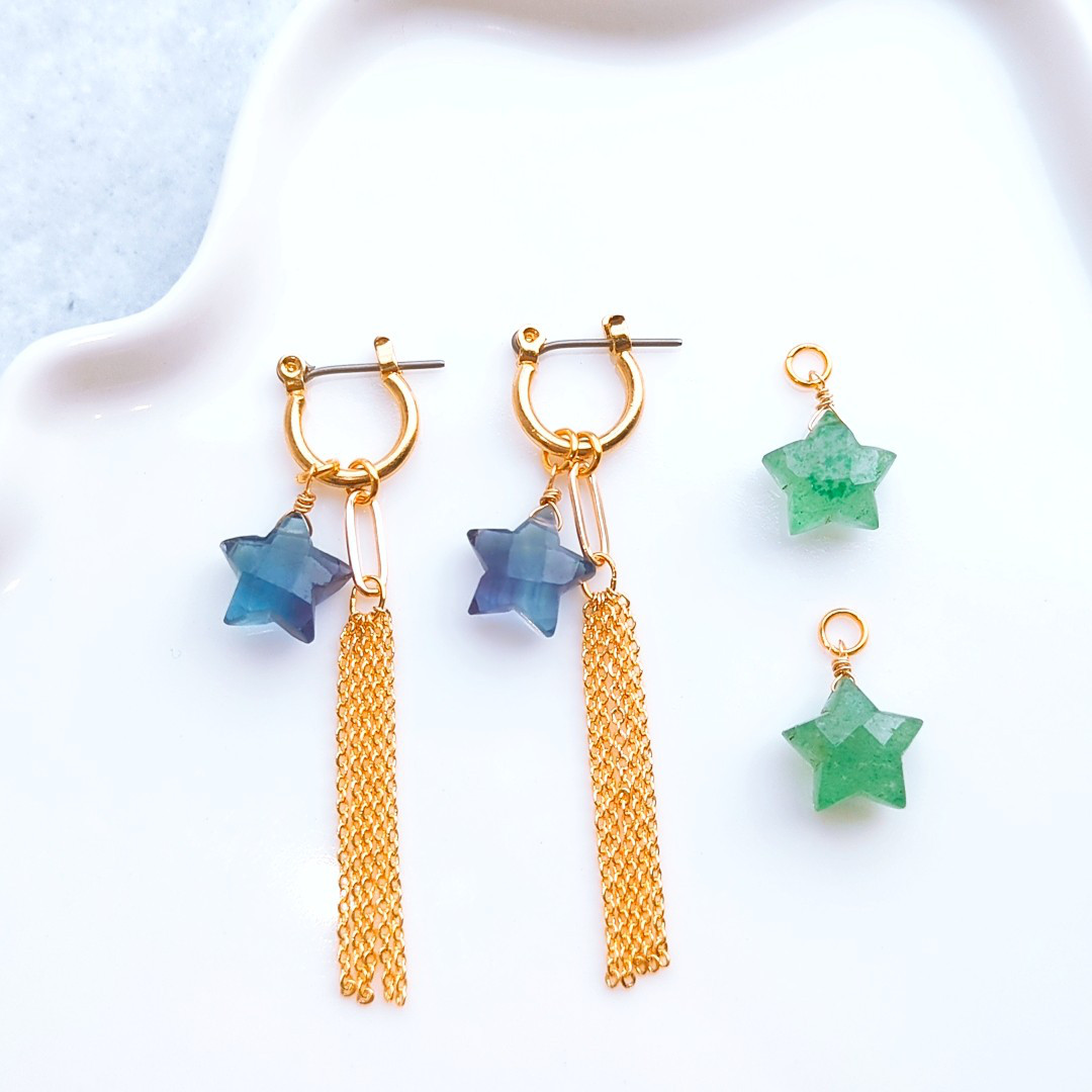 グリーンアベンチュリン／マルチカラーフローライトのスターカット×七夕デザイン フープイヤリングorピアス