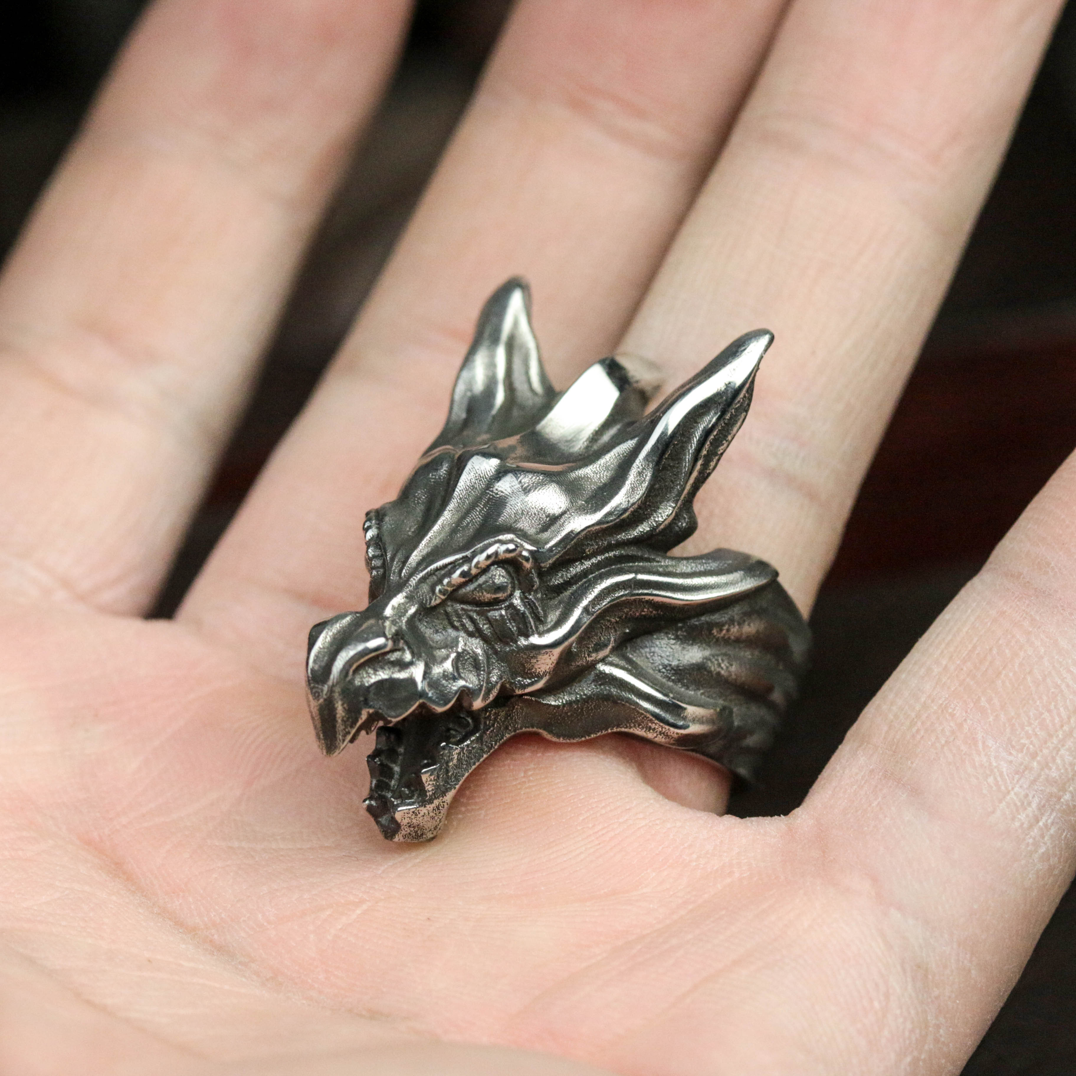 ドラゴンヘッドリング シルバー925製 ハンドメイド メンズスカル指輪