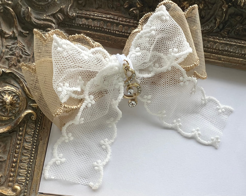 再販 高級オーガンジーレース♡刺繍重ねリボン♡ト音記号☆クリップ