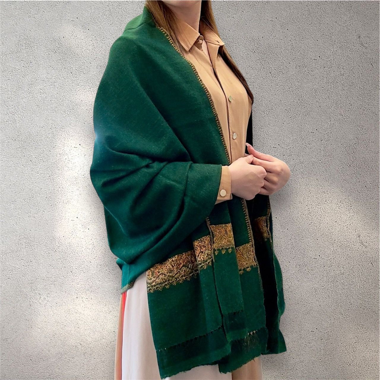 カシミヤショール パシュミナ ショール ストール 深緑 小花柄 大判 一点物 ハンドメイド カシミール シルク糸