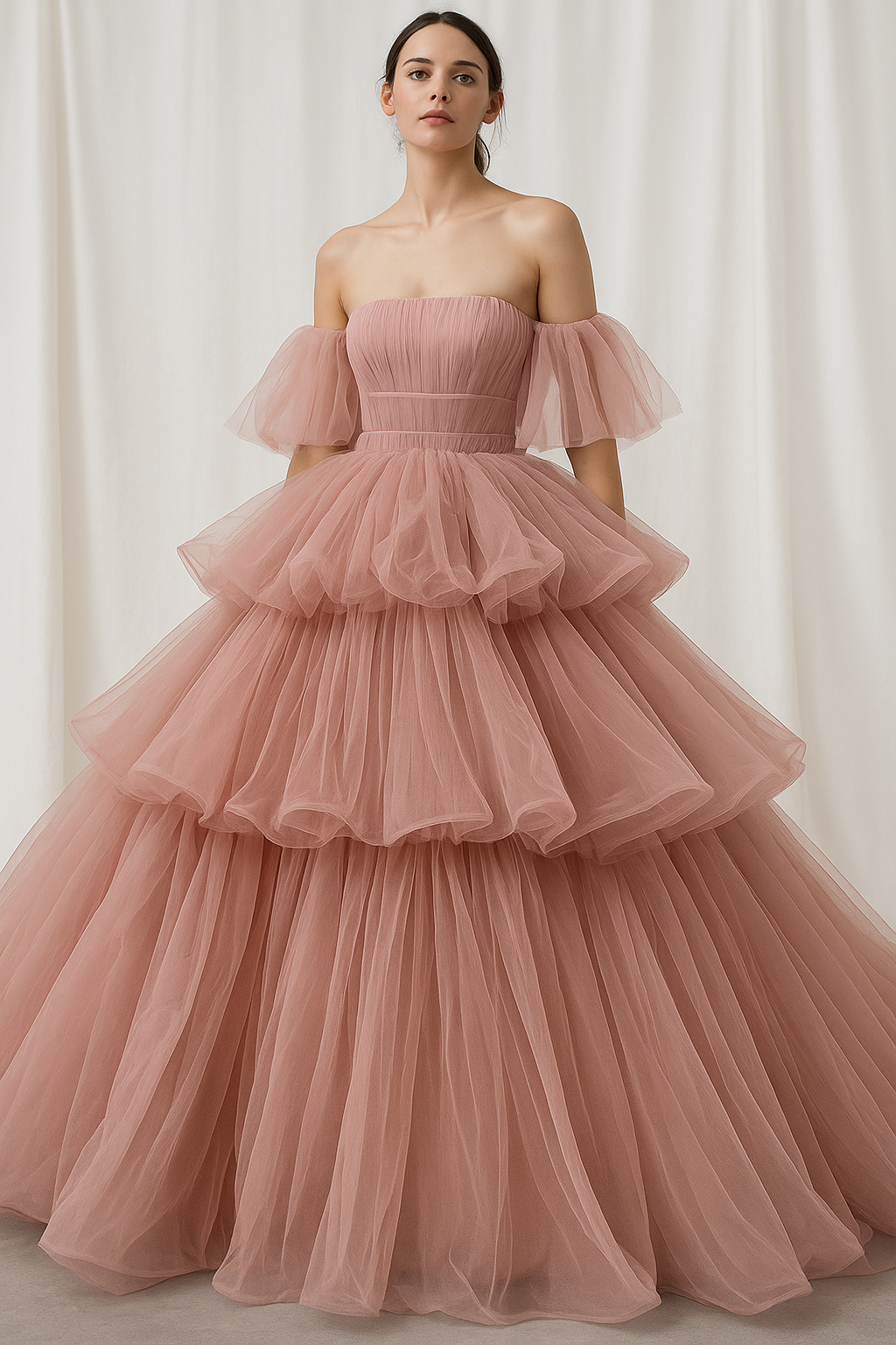 送料無料！カラードレス フリル袖  ティアードのドレス 柔らかく重ねたチュールスカート ラッフルフリル ブライダル