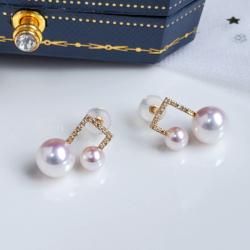 【La Corser】音符ピアス 日本製 4-8.5mm アコヤ 天然海水真珠ピアス ラウンドパール おしゃれで万能 18Kゴー