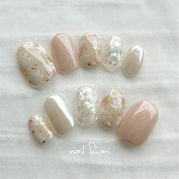 真珠色の祝福　　　〜ブライダル　ウェディング　前撮り　成人式　お呼ばれ　ネイルチップ〜【NO.F001】