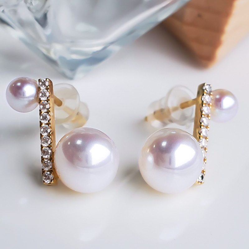 【La Corser】シンプルな日本製4-8.5mmアコヤ天然海水真珠ピアス、レディース用ピアス、18Kゴールドラウンドパール