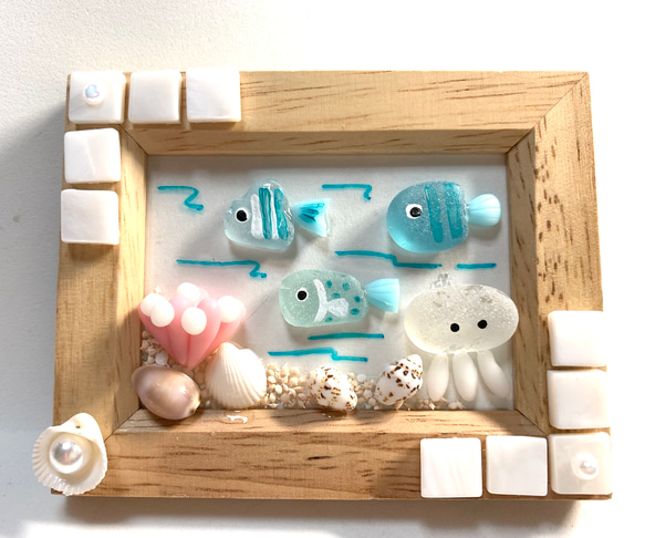 ☆シーグラスのお魚とクラゲのミニフレーム(1点限定品) 1枚目の画像