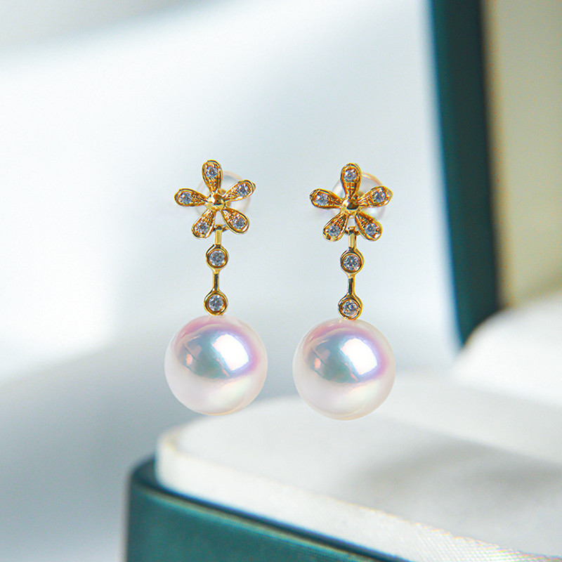 【La Corser】7-9.5mm アコヤ真珠 天然海水真珠ピアス 18Kゴールドピアス 四つ葉のクローバーピアス ラウンドパ