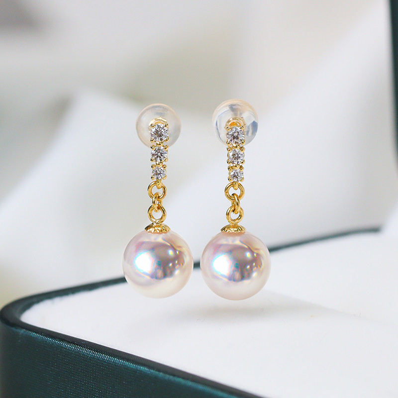 【La Corser】日本製 6.5-9.5mm アコヤ真珠 天然海水真珠 イヤリング 18Kゴールド ラウンドパール 明るい光