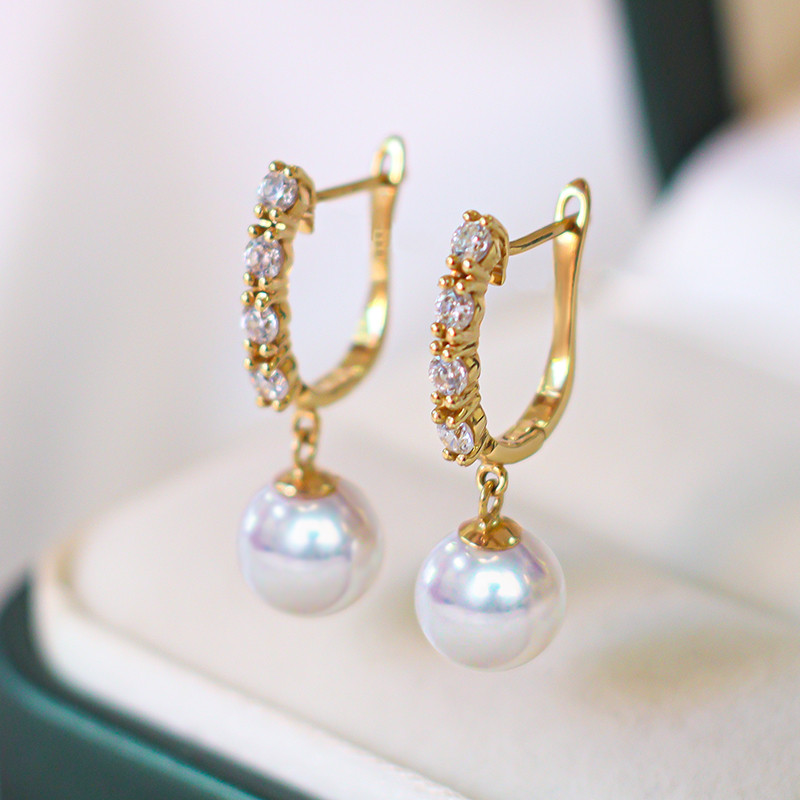 【La Corser】日本製 7-9.5mm アコヤ真珠 天然海水真珠 ピアス 18Kゴールド 耳かけ式 ラウンドパール 強い光