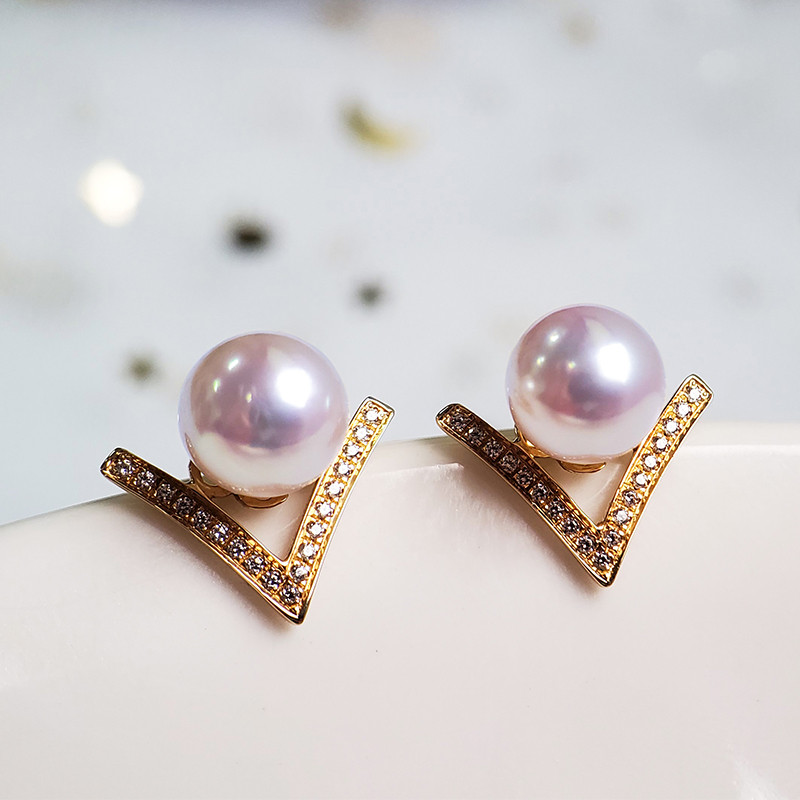 【La Corser】日本製 輸入 7-9.5mm アコヤ 天然海水真珠 ピアス 18Kゴールド ピアス ラウンドパール 強い光