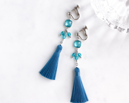再販61　フリンジ　青　ネイビー　ピアス　イヤリング　タッセル　アクセサリー　夏 耳飾り 両耳用「蛍光イエローと、青タッセル」ピアス
