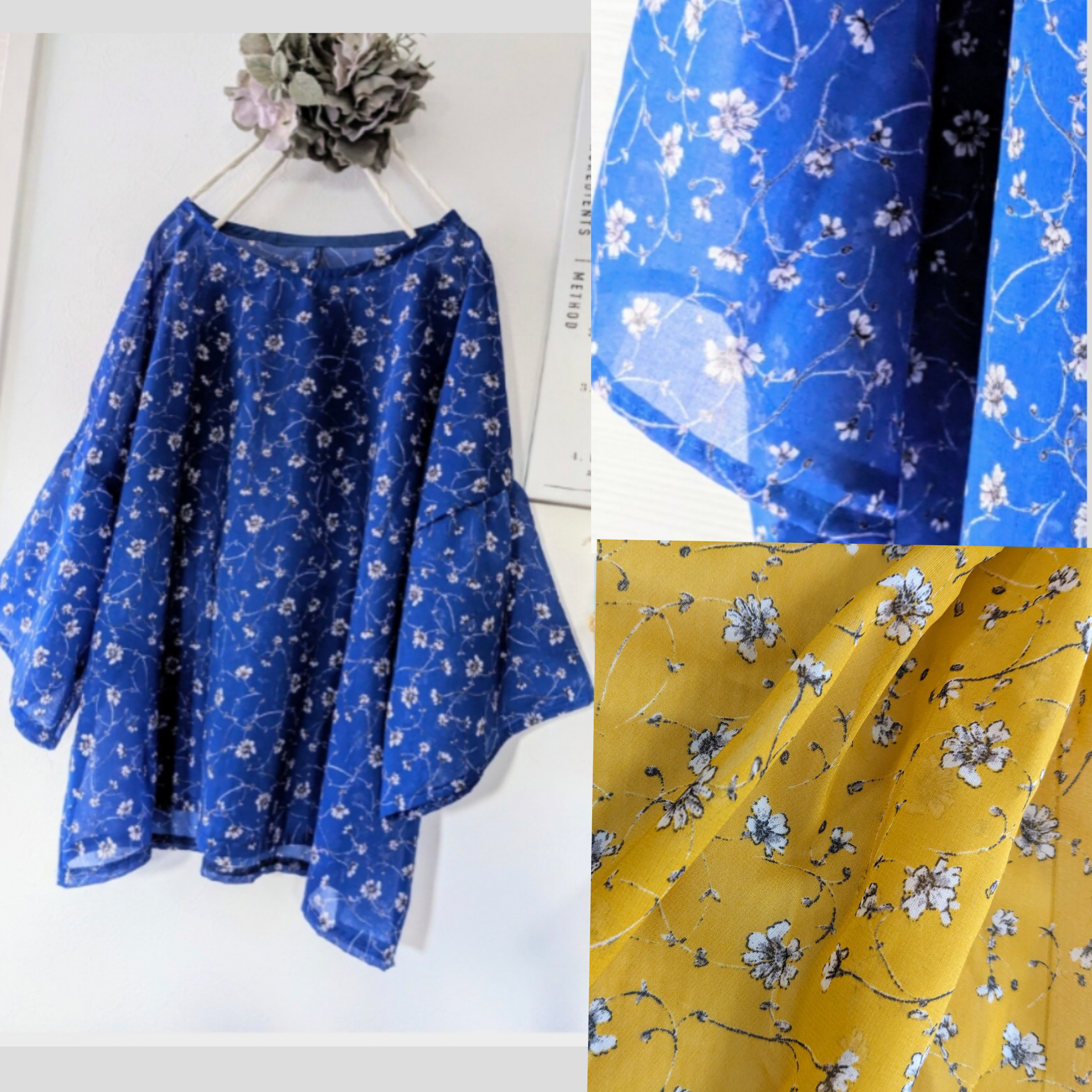 ♥ブルー花柄ボイル　とろみ透け感ふんわりブラウス♥イエロー