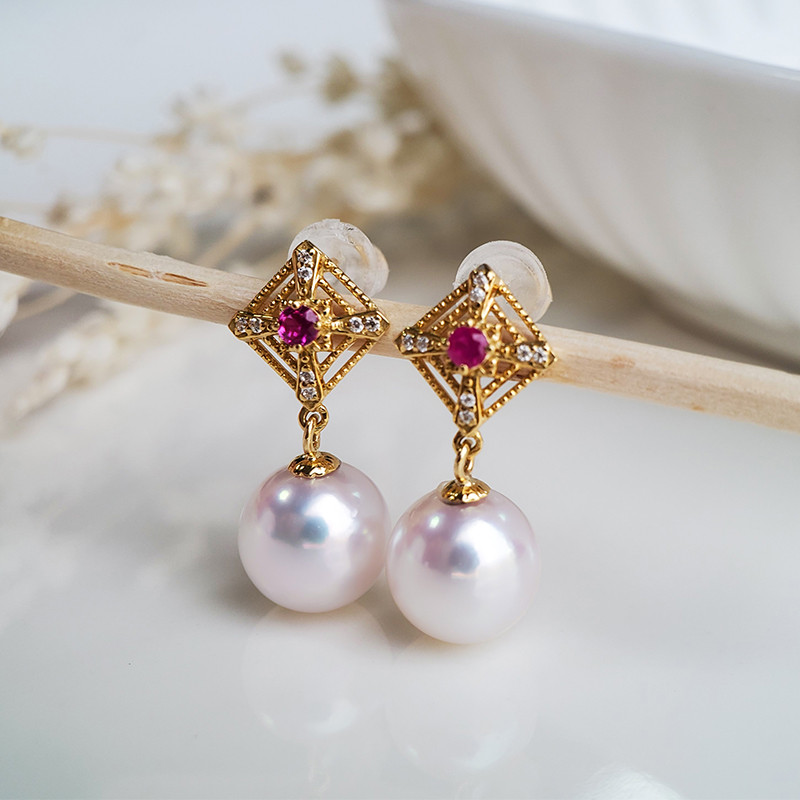 【La Corser】輸入日本製 7-9.5mm アコヤ天然海水真珠ピアス イヤリング ピアス レトロスタイル 18Kゴールド