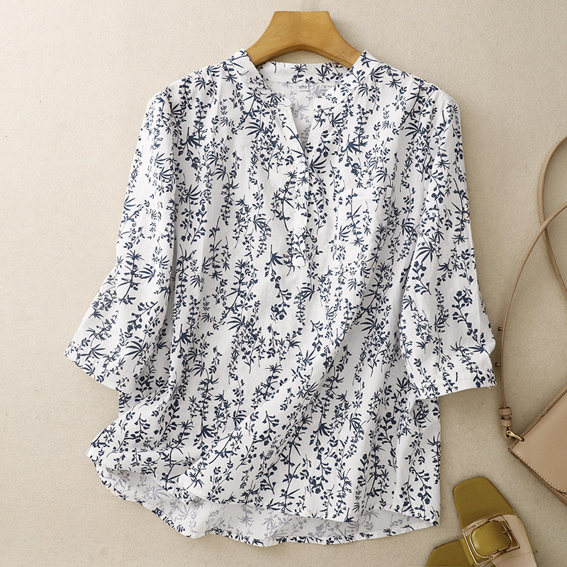 中袖フラワー柄綿素材シャツ【返品・交換可】品質最優先25-123