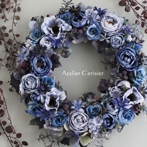 ☆アンティークブルー ローズ フラワーリース＜アーティフィシャル