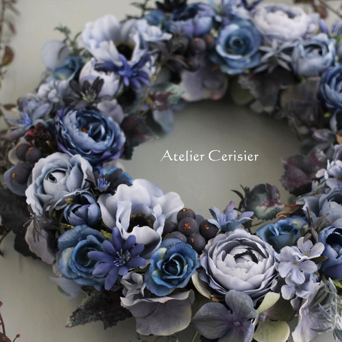 ☆アンティークブルー ローズ フラワーリース＜アーティフィシャル